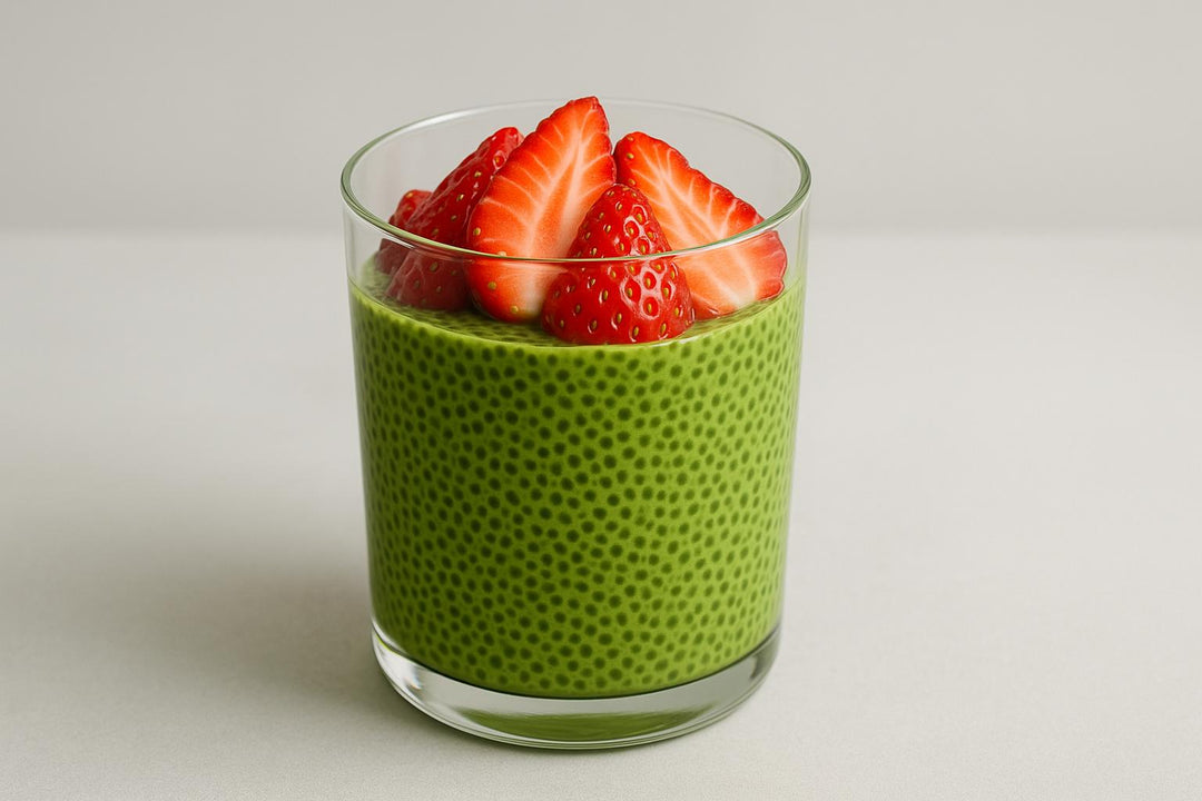 Chia Parfait z Matchą i Truskawkami